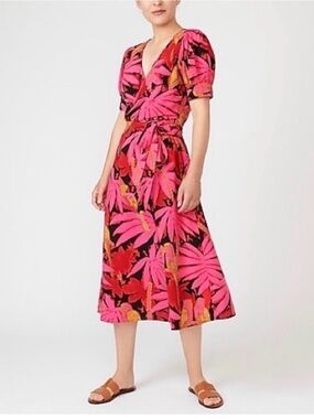 J. Crew Pink and Red Tropical-Print Wrap Midi Dress